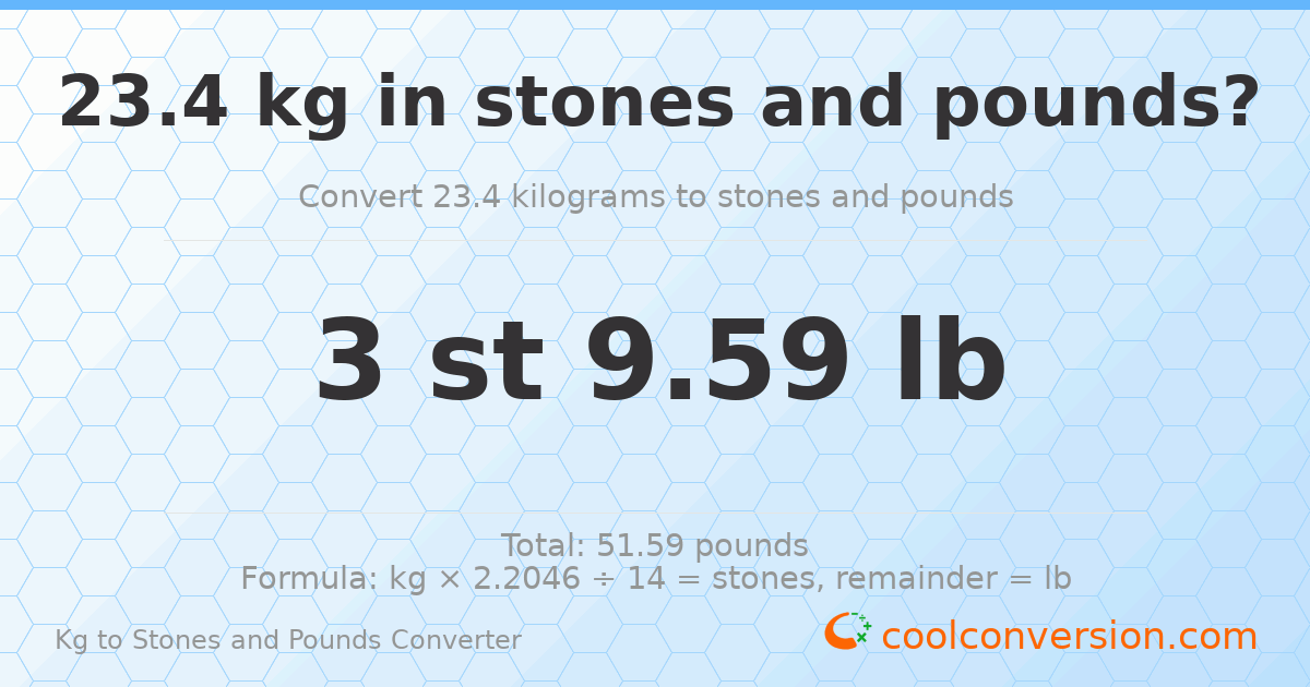 23.4 kg to stones and pounds — 23.4 kg = 3 st 9.59 lb