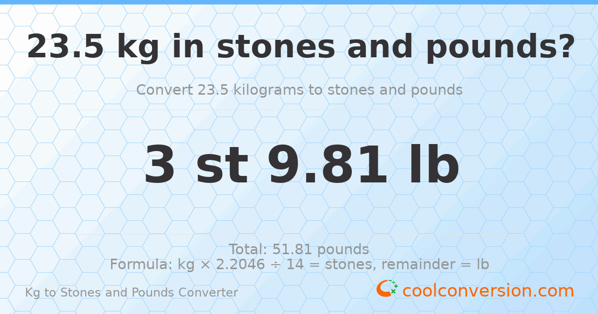 23.5 kg to stones and pounds — 23.5 kg = 3 st 9.81 lb