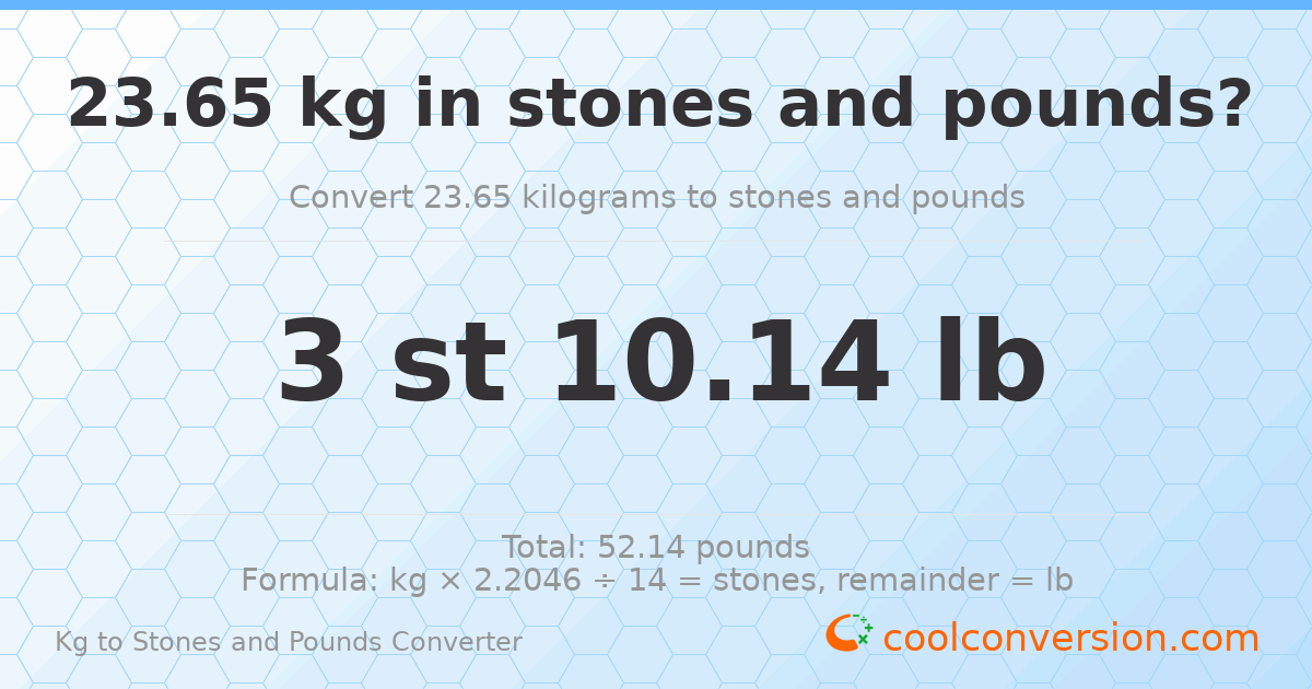 23.65 kg to stones and pounds — 23.65 kg = 3 st 10.14 lb