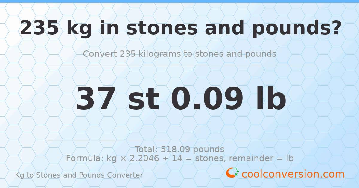 235 kg to stones and pounds — 235 kg = 37 st 0.09 lb