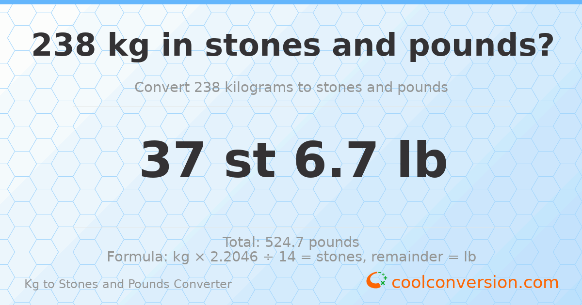 238 kg to stones and pounds — 238 kg = 37 st 6.70 lb