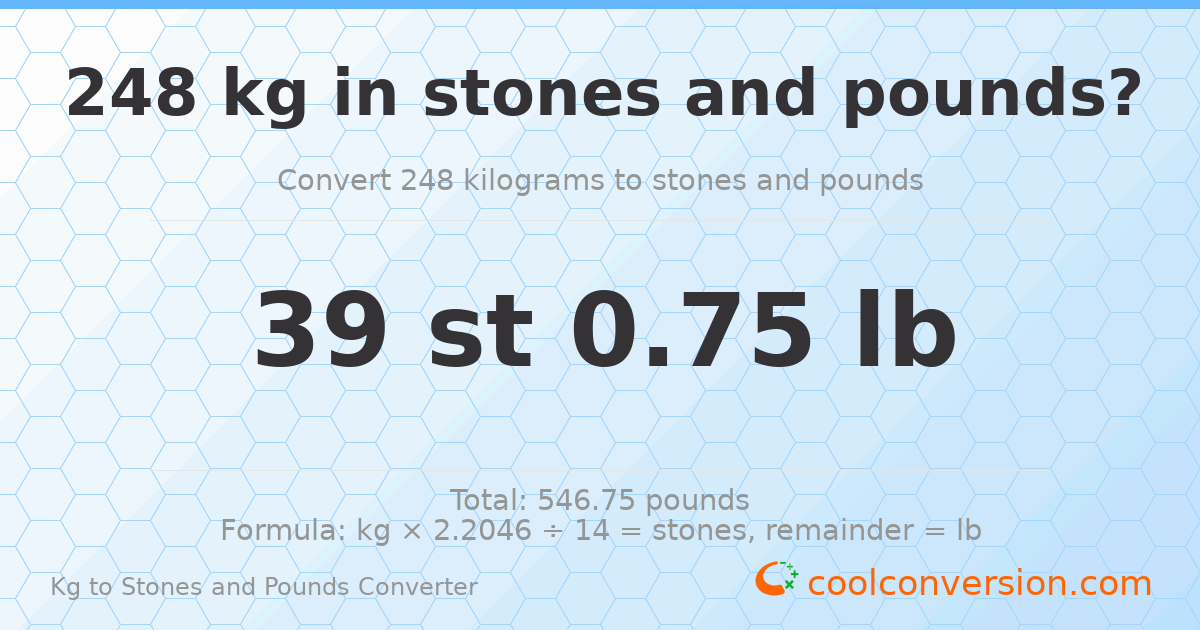 248 kg to stones and pounds — 248 kg = 39 st 0.75 lb
