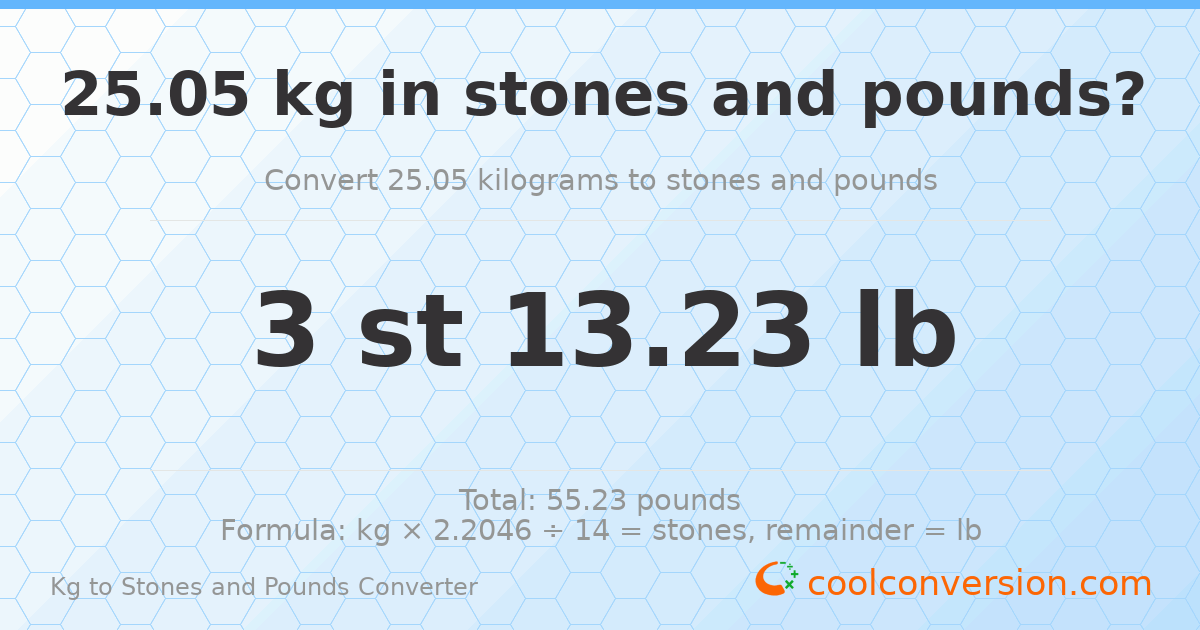 25.05 kg to stones and pounds — 25.05 kg = 3 st 13.23 lb