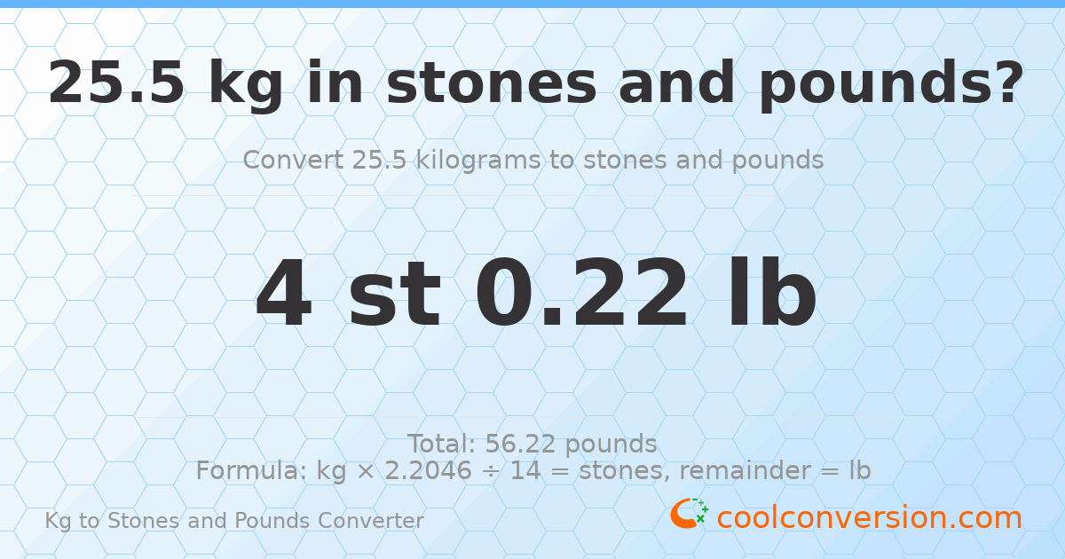 25.5 kg to stones and pounds — 25.5 kg = 4 st 0.22 lb