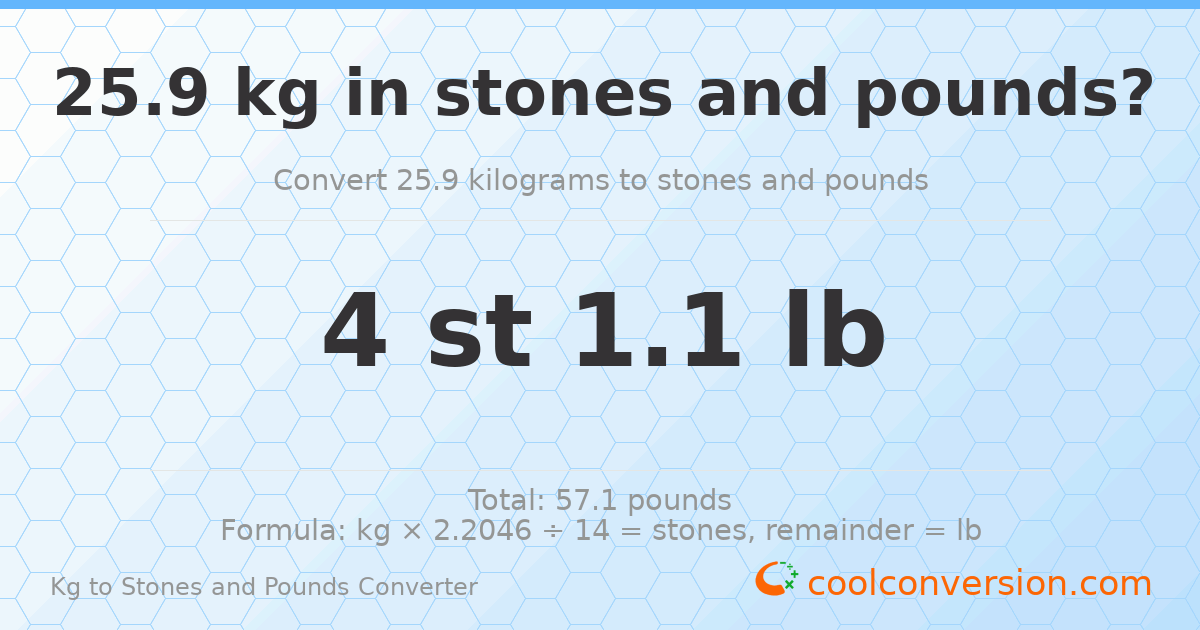 25.9 kg to stones and pounds — 25.9 kg = 4 st 1.10 lb