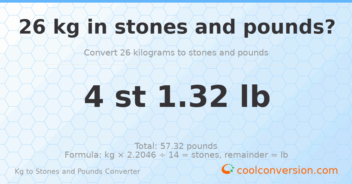 26 kg to stones and pounds — 26 kg = 4 st 1.32 lb