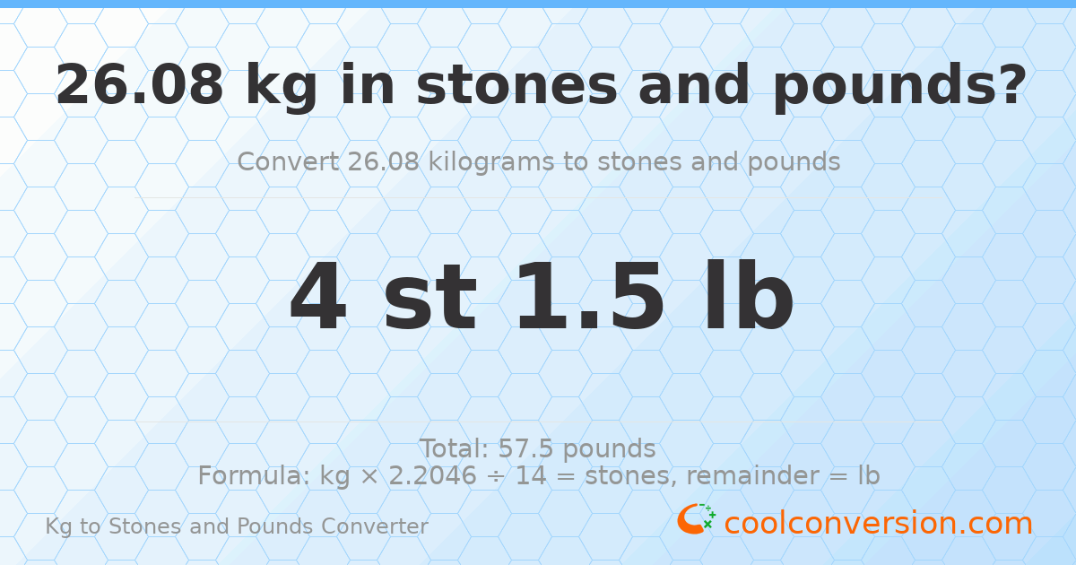 26.08 kg to stones and pounds — 26.08 kg = 4 st 1.50 lb
