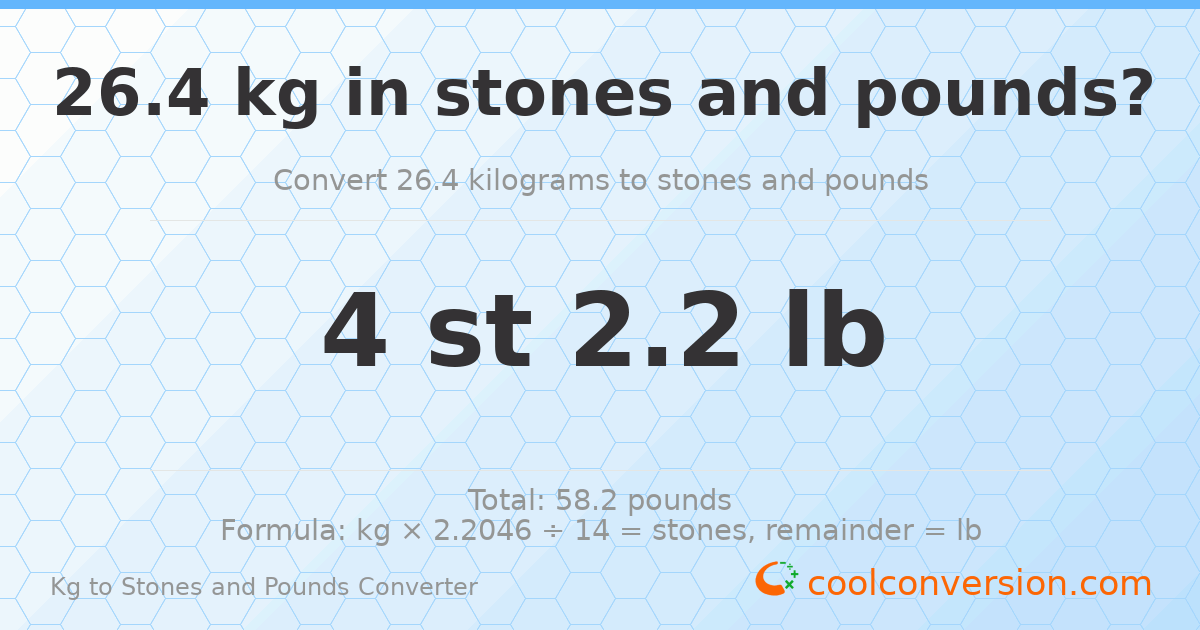26.4 kg to stones and pounds — 26.4 kg = 4 st 2.20 lb