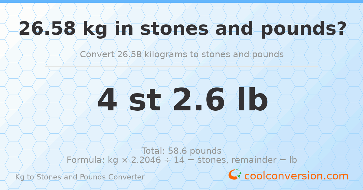 26.58 kg to stones and pounds — 26.58 kg = 4 st 2.60 lb