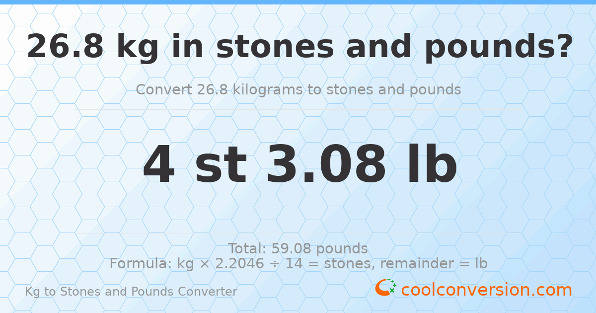26.80 kg to stones and pounds — 26.80 kg = 4 st 3.08 lb