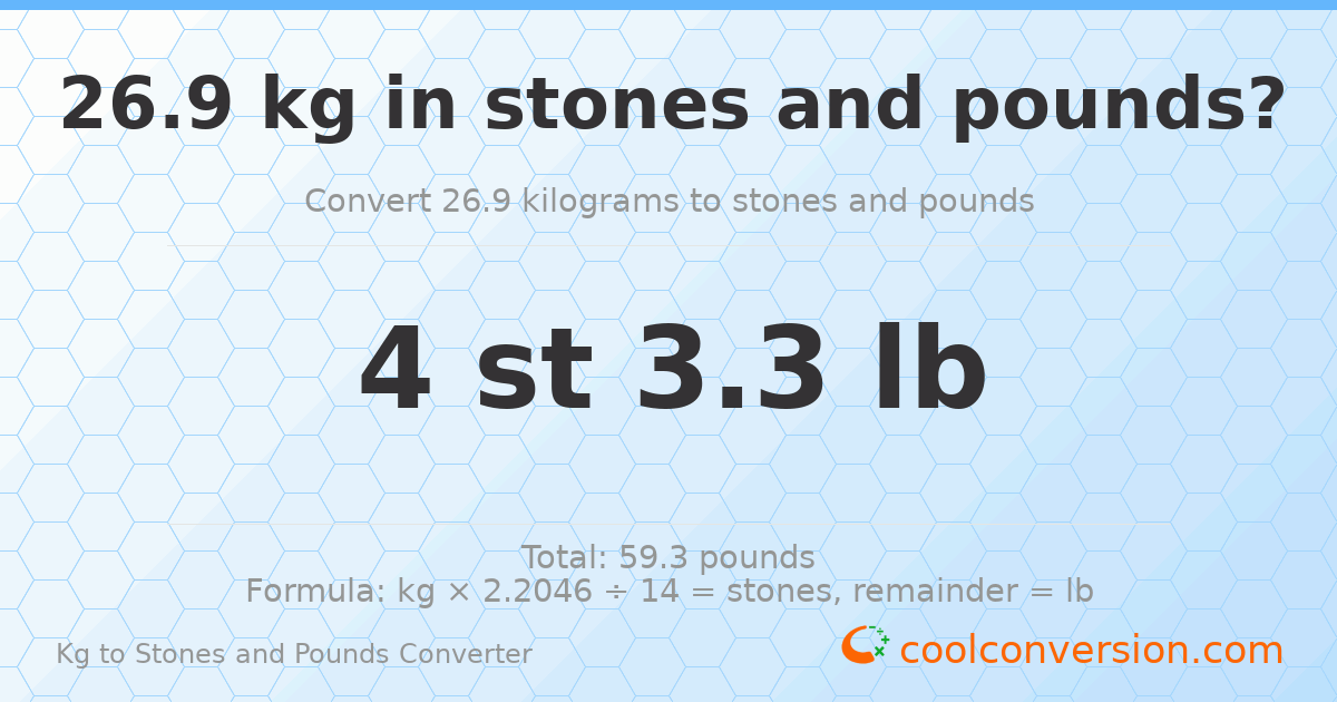 26.9 kg to stones and pounds — 26.9 kg = 4 st 3.30 lb