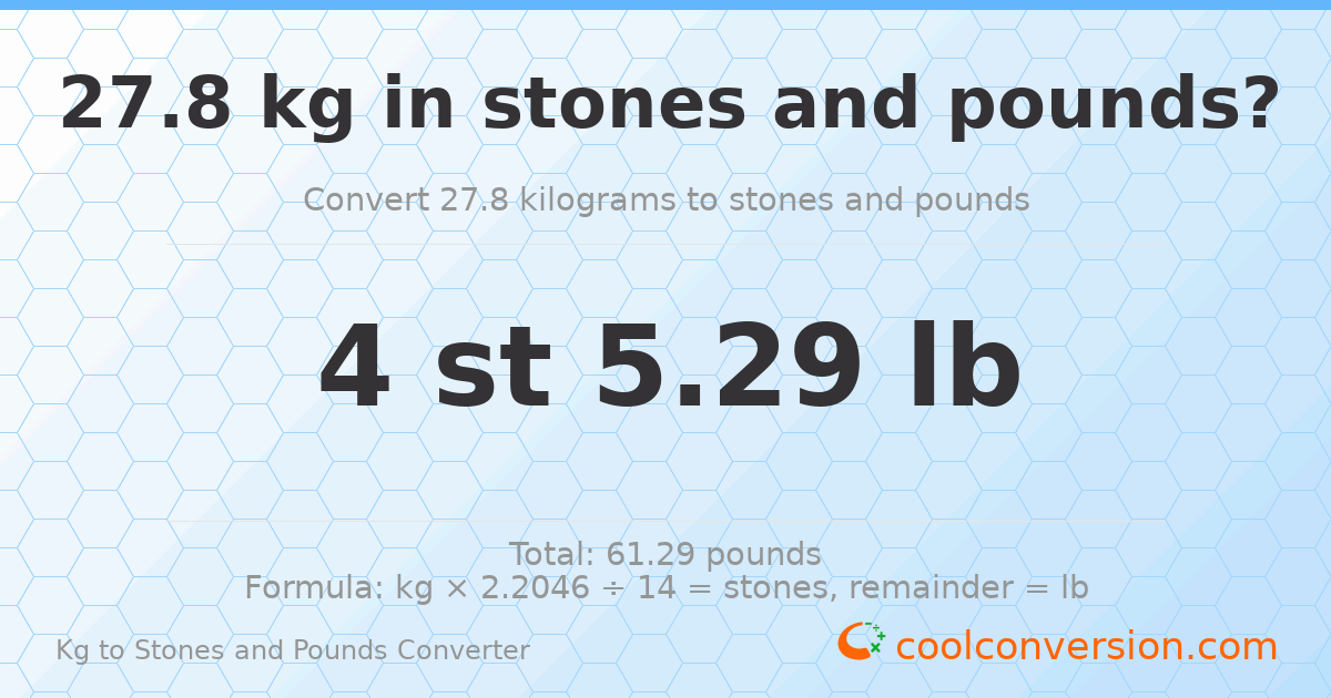 27.80 kg to stones and pounds — 27.80 kg = 4 st 5.29 lb