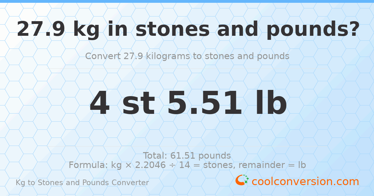 27.9 kg to stones and pounds — 27.9 kg = 4 st 5.51 lb