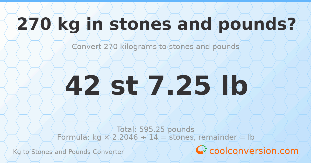 270 kg to stones and pounds — 270 kg = 42 st 7.25 lb