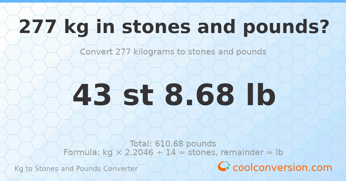 277 kg to stones and pounds — 277 kg = 43 st 8.68 lb