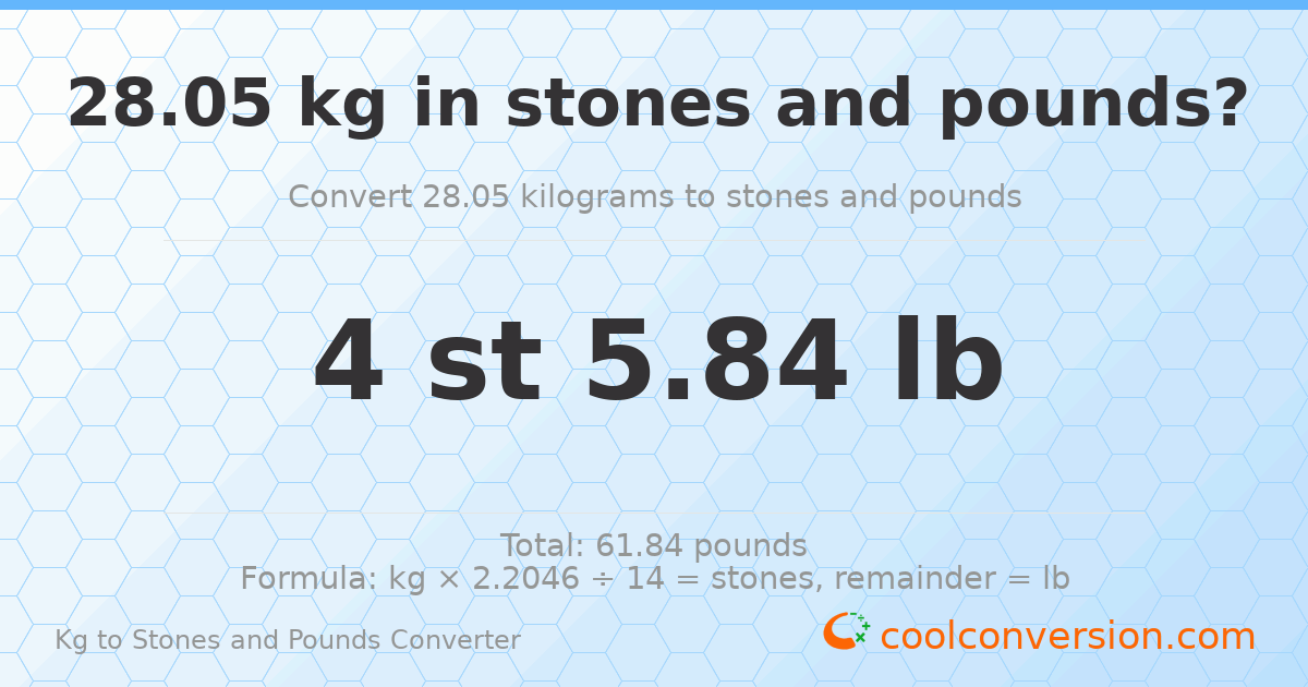 28.05 kg to stones and pounds — 28.05 kg = 4 st 5.84 lb