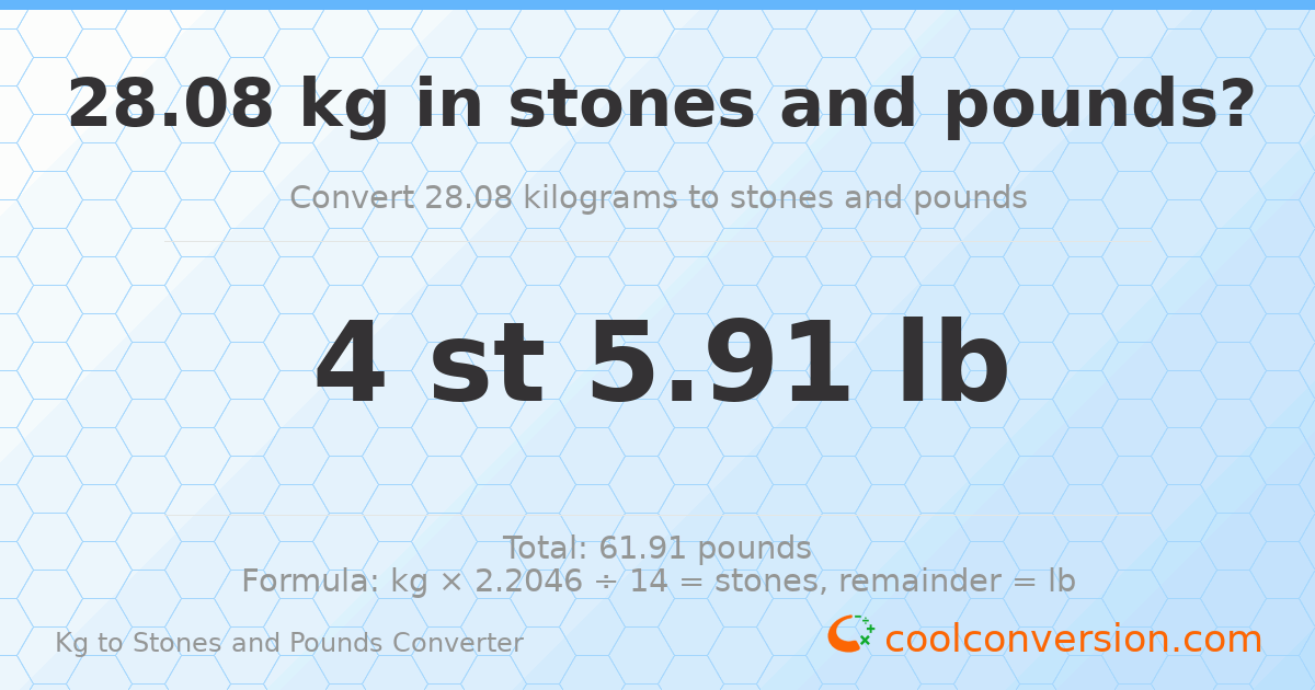 28.08 kg to stones and pounds — 28.08 kg = 4 st 5.91 lb