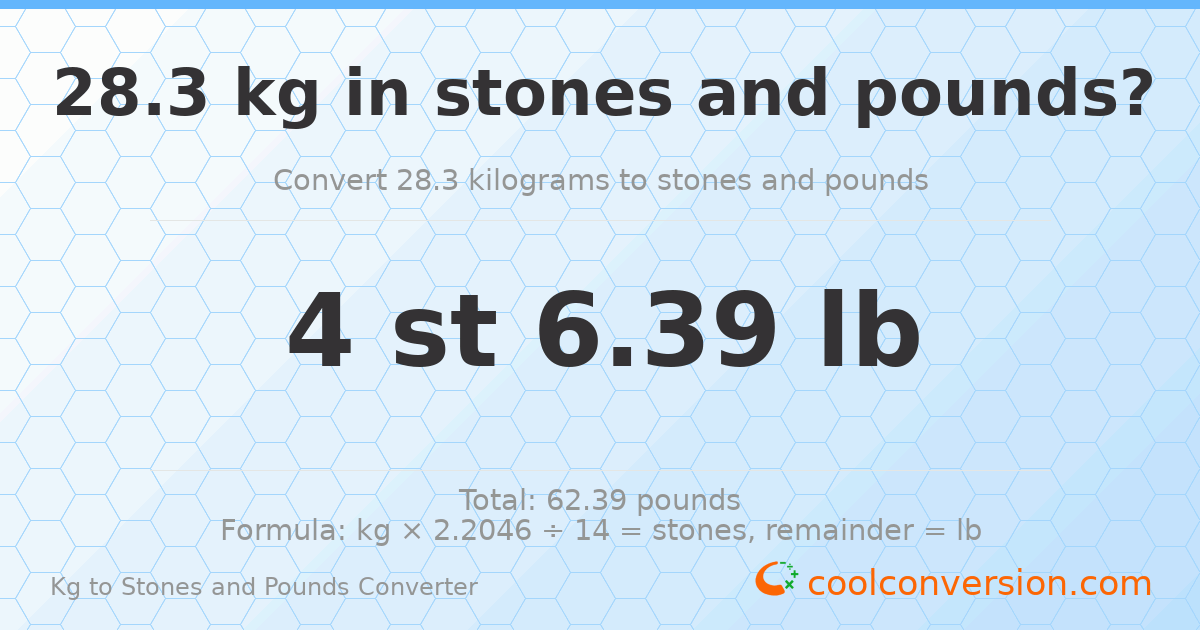 28.30 kg to stones and pounds — 28.30 kg = 4 st 6.39 lb