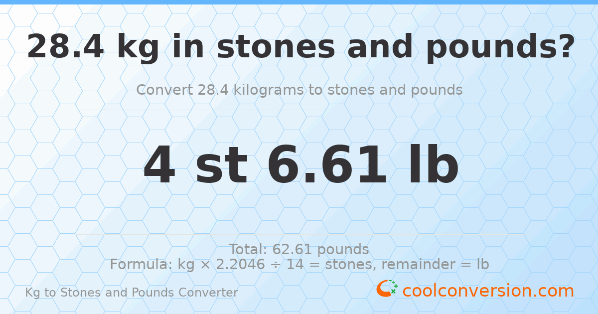 28.4 kg to stones and pounds — 28.4 kg = 4 st 6.61 lb
