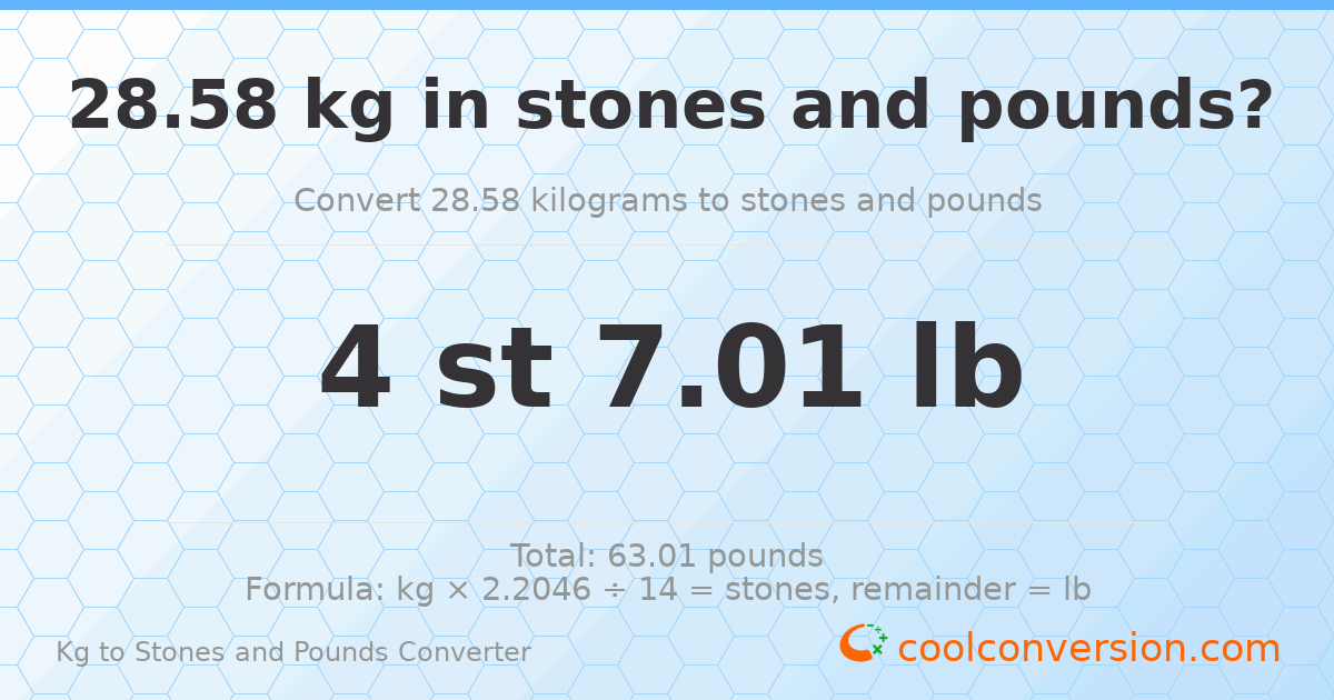 28.58 kg to stones and pounds — 28.58 kg = 4 st 7.01 lb