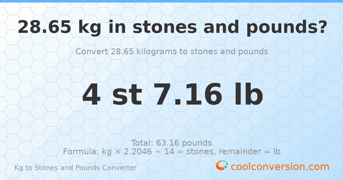 28.65 kg to stones and pounds — 28.65 kg = 4 st 7.16 lb