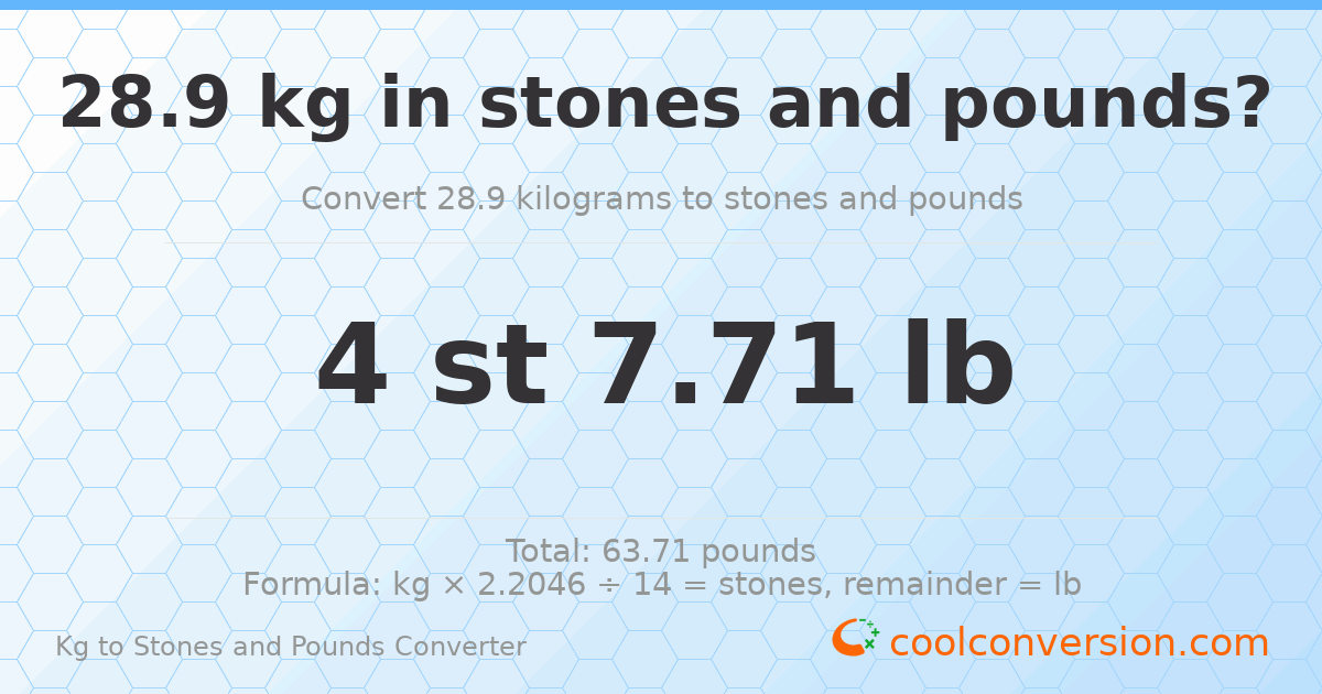 28.9 kg to stones and pounds — 28.9 kg = 4 st 7.71 lb