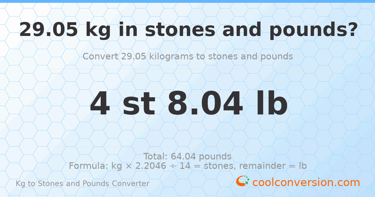 29.05 kg to stones and pounds — 29.05 kg = 4 st 8.04 lb