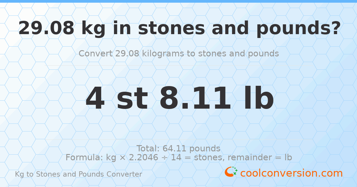 29.08 kg to stones and pounds — 29.08 kg = 4 st 8.11 lb