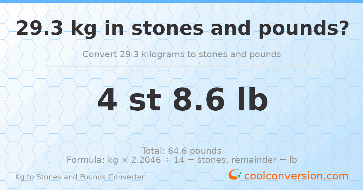 29.3 kg to stones and pounds — 29.3 kg = 4 st 8.60 lb