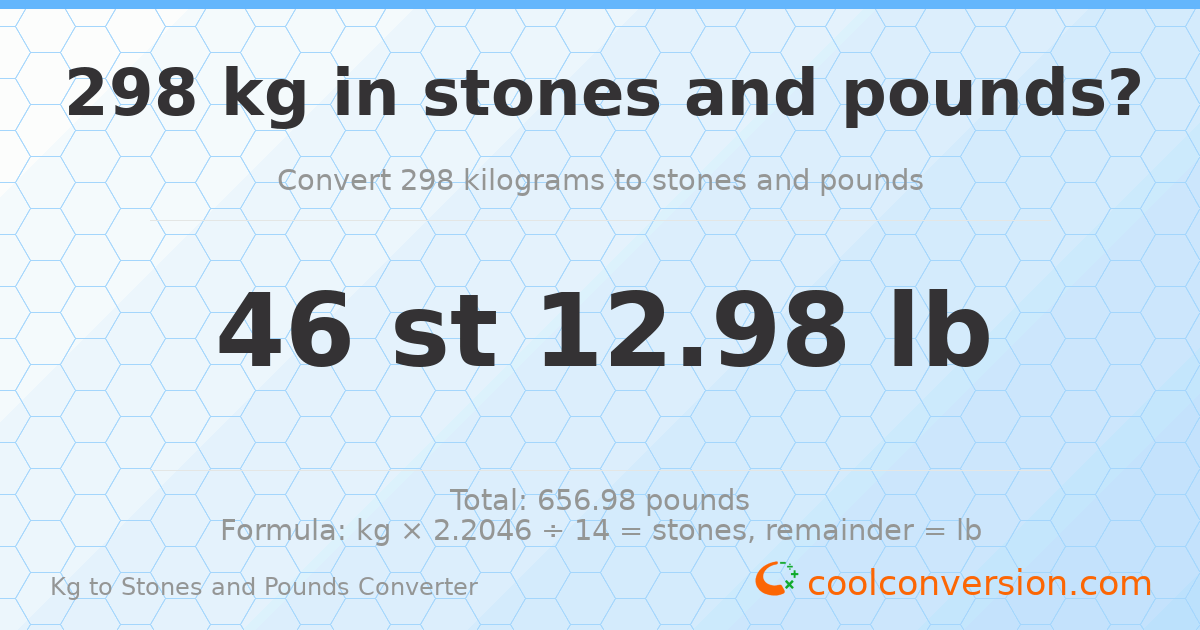 298 kg to stones and pounds — 298 kg = 46 st 12.98 lb