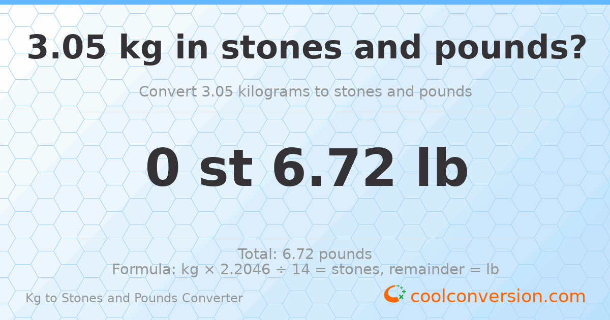 3.05 kg to stones and pounds — 3.05 kg = 0 st 6.72 lb