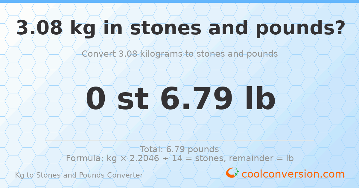 3.08 kg to stones and pounds — 3.08 kg = 0 st 6.79 lb