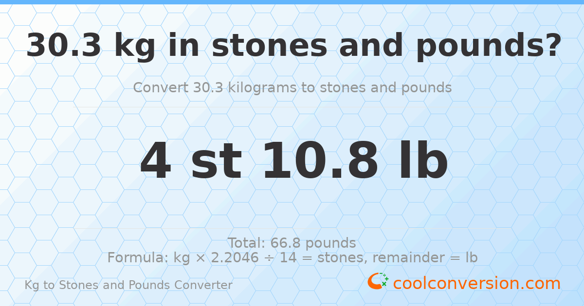 30.30 kg to stones and pounds — 30.30 kg = 4 st 10.80 lb
