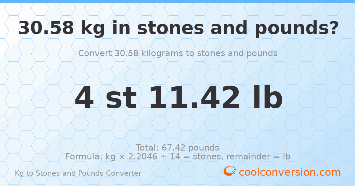 30.58 kg to stones and pounds — 30.58 kg = 4 st 11.42 lb