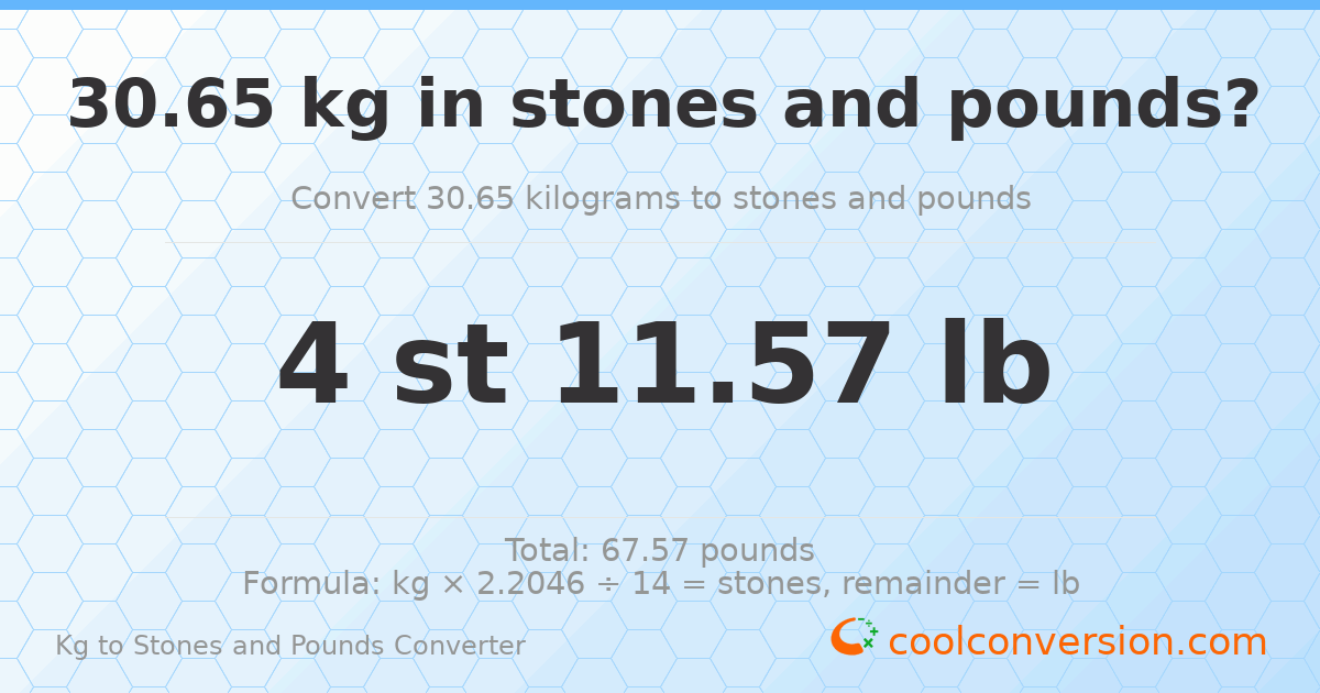 30.65 kg to stones and pounds — 30.65 kg = 4 st 11.57 lb