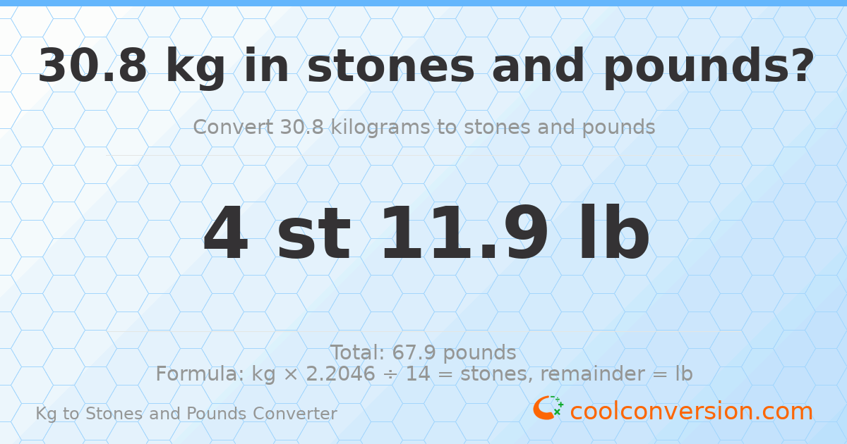 30.8 kg to stones and pounds — 30.8 kg = 4 st 11.90 lb