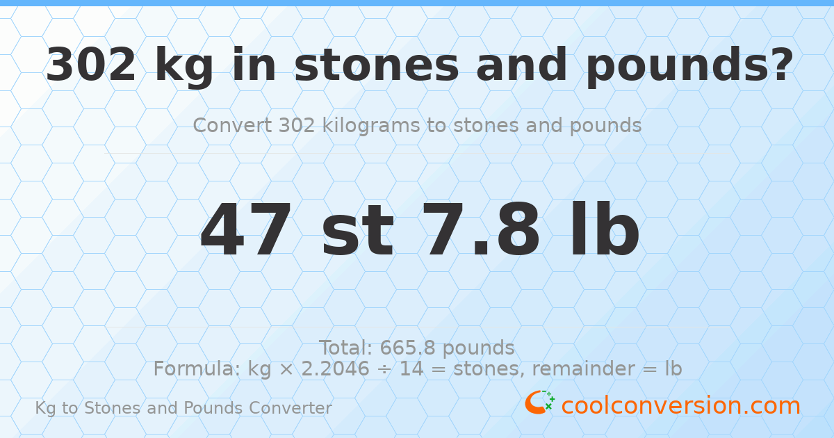 302 kg to stones and pounds — 302 kg = 47 st 7.80 lb