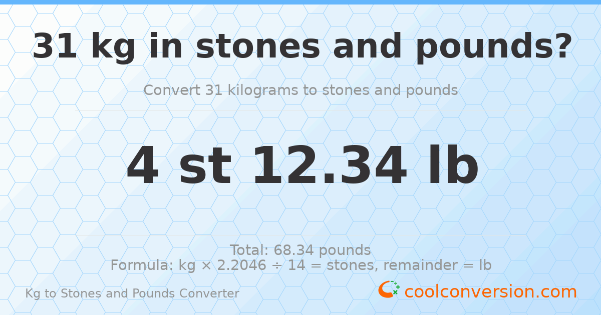 31 kg to stones and pounds — 31 kg = 4 st 12.34 lb