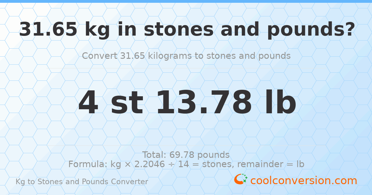 31.65 kg to stones and pounds — 31.65 kg = 4 st 13.78 lb