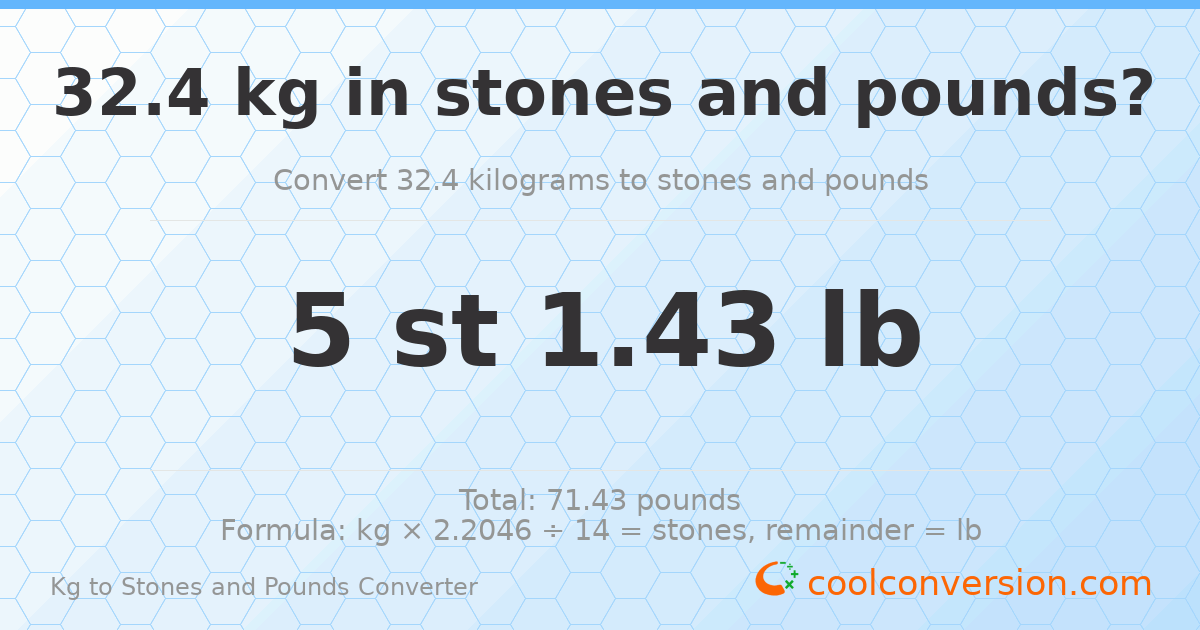 32.40 kg to stones and pounds — 32.40 kg = 5 st 1.43 lb