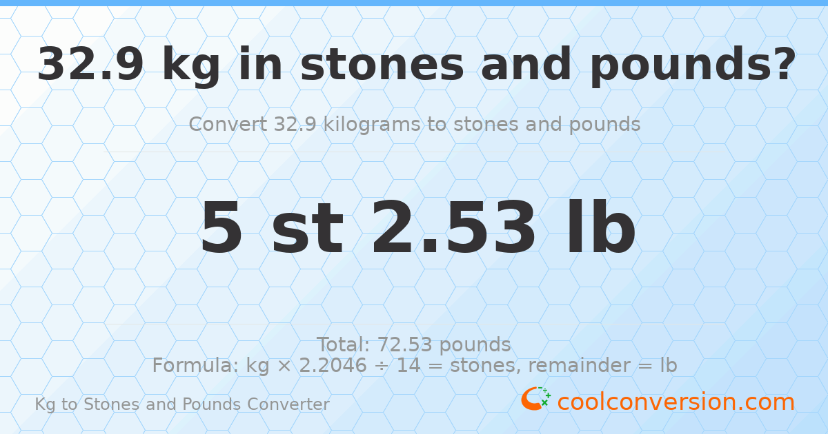 32.90 kg to stones and pounds — 32.90 kg = 5 st 2.53 lb