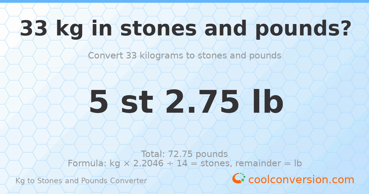 33 kg to stones and pounds — 33 kg = 5 st 2.75 lb