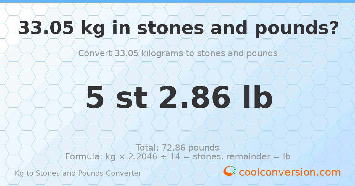 33.05 kg to stones and pounds — 33.05 kg = 5 st 2.86 lb