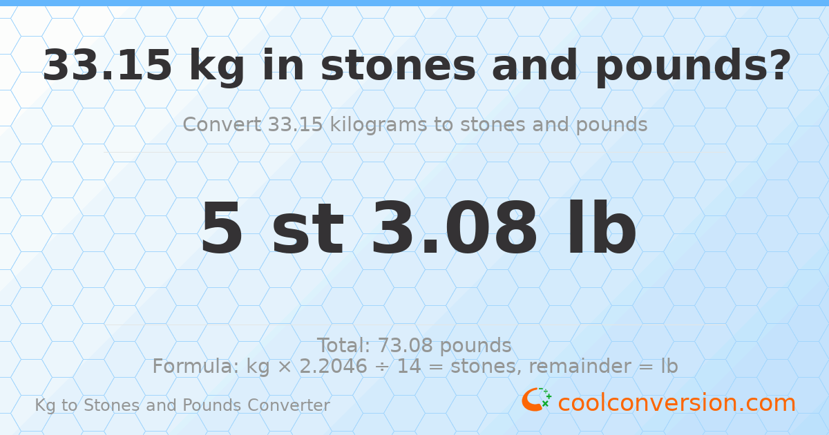 33.15 kg to stones and pounds — 33.15 kg = 5 st 3.08 lb