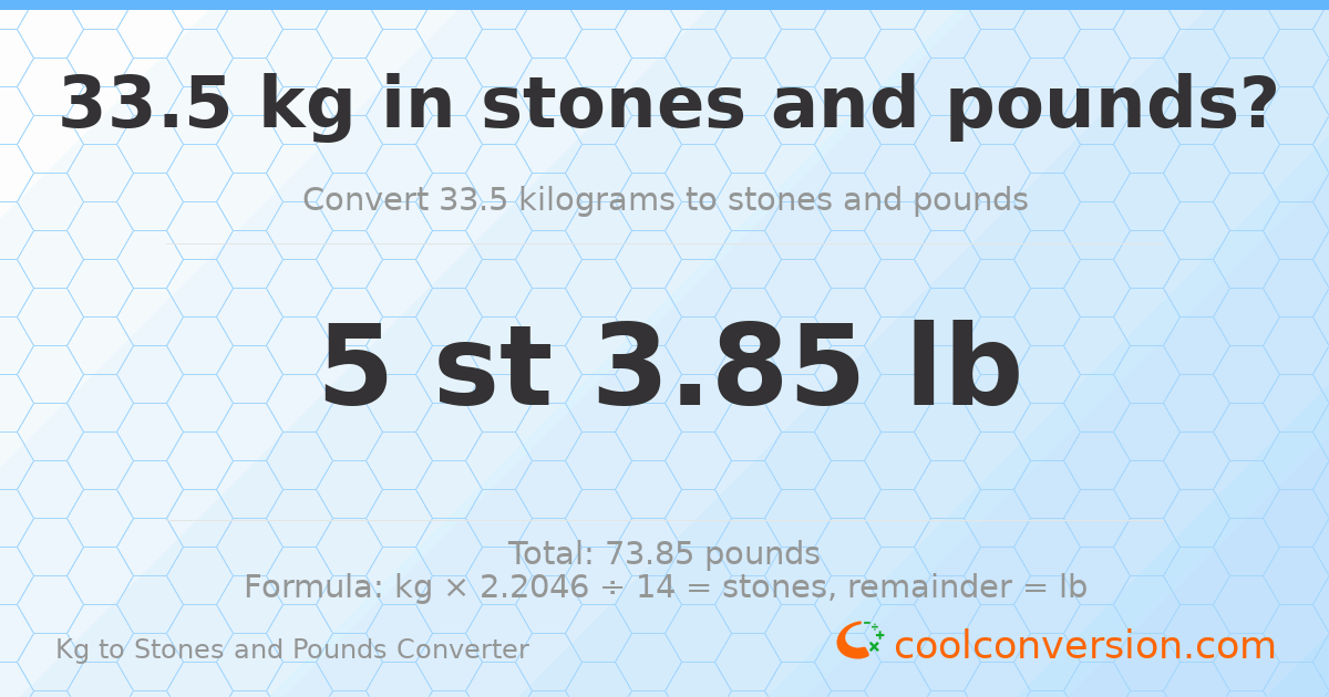 33.50 kg to stones and pounds — 33.50 kg = 5 st 3.85 lb