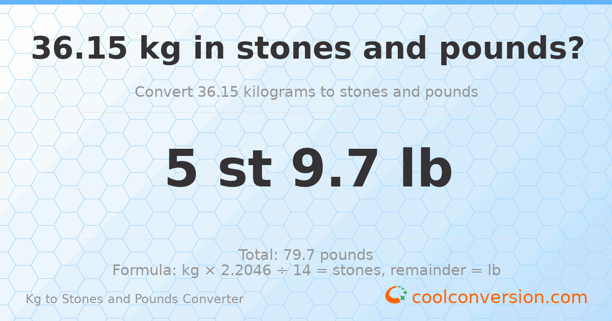36.15 kg to stones and pounds — 36.15 kg = 5 st 9.70 lb