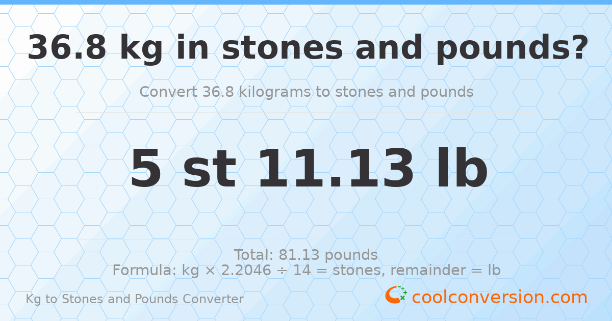 36.80 kg to stones and pounds — 36.80 kg = 5 st 11.13 lb