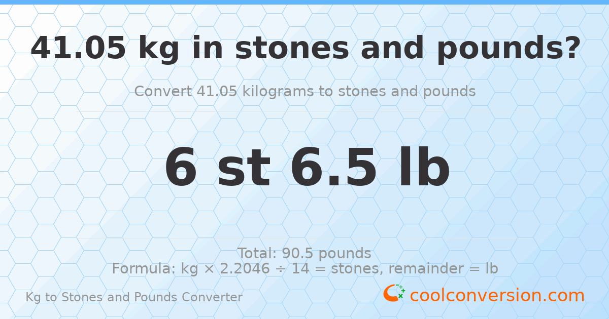 41.05 kg to stones and pounds — 41.05 kg = 6 st 6.50 lb