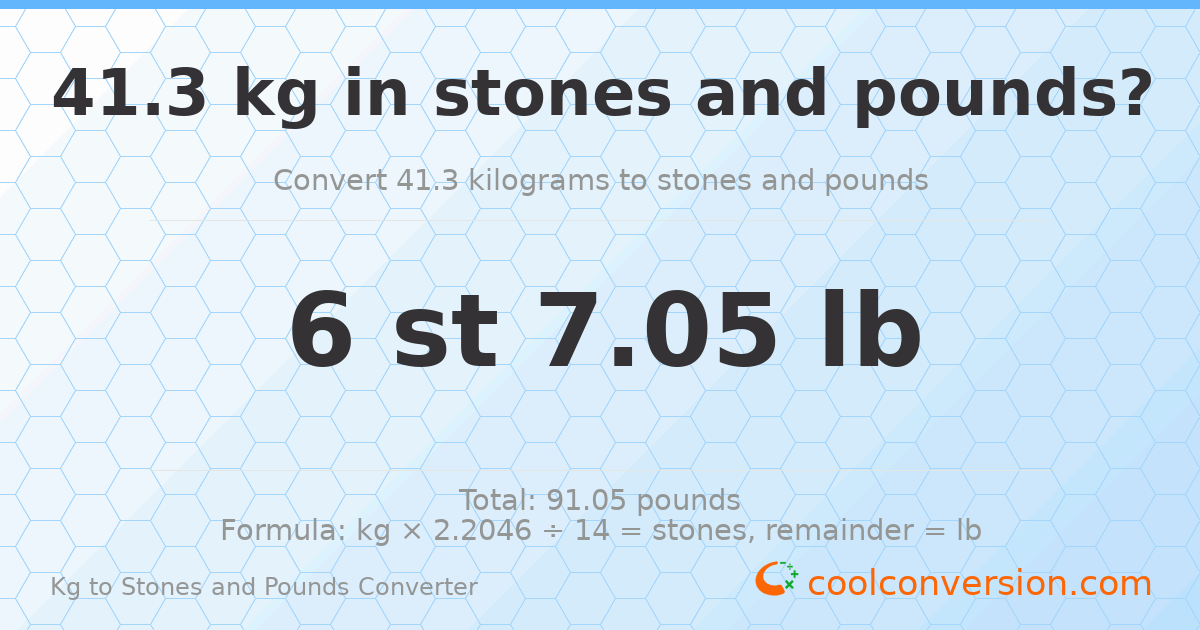 41.3 kg to stones and pounds — 41.3 kg = 6 st 7.05 lb