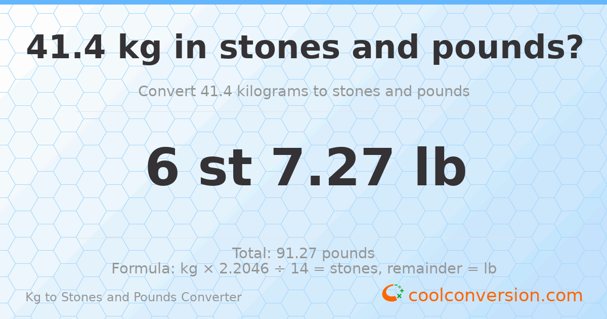 41.40 kg to stones and pounds — 41.40 kg = 6 st 7.27 lb
